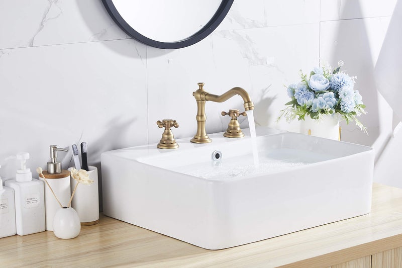 GGStudy 8 inch 2 Handles 3 Holes Widespread Bathroom Sink Faucet Antique Brass Basin Mixer Tap Faucet Matching Metal Pop Up Drain with Overflow - Image 5